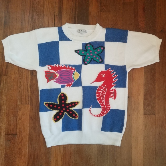 Vintage Fish Beach Sweater Blouse Sz Small Knit 3D Pom Pom Tess Designs Bermuda - Picture 11 of 16